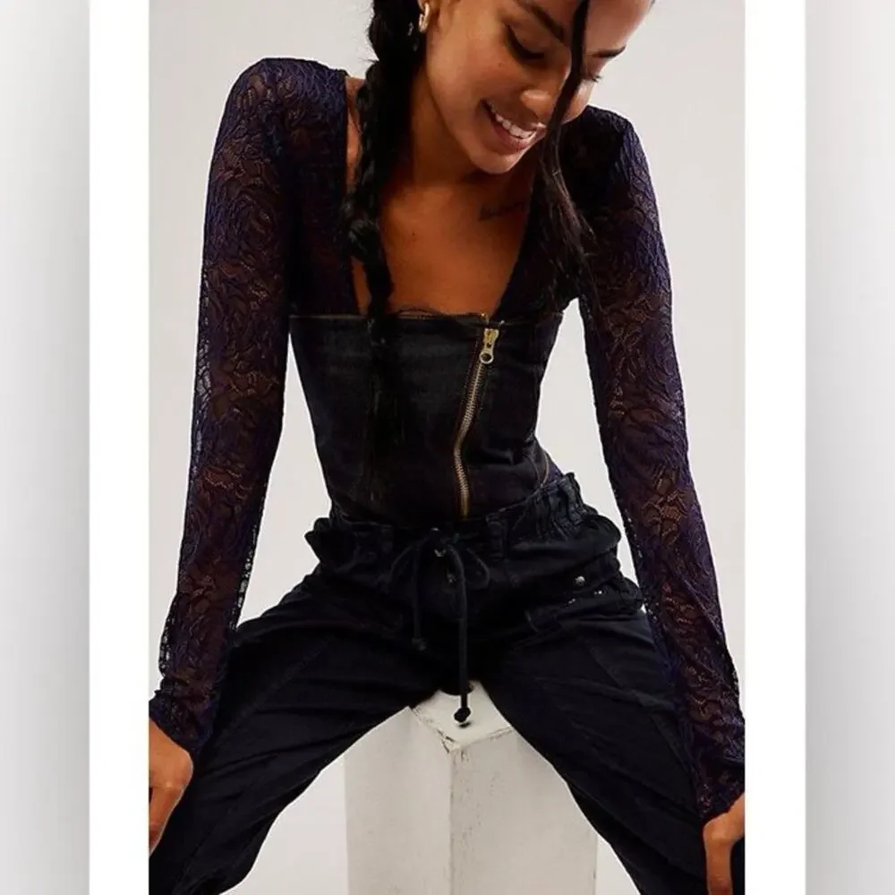 Free People Black Lace In My Head Bodysuit